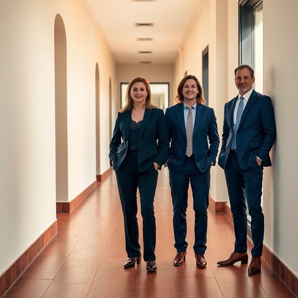 Cuatro profesionales en el pasillo del despacho de Sevilla