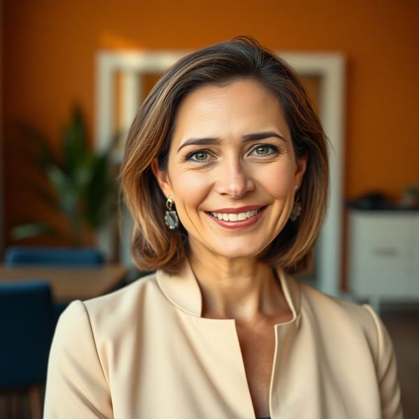 Retrato de una profesional del equipo en un espacio con acentos índigo